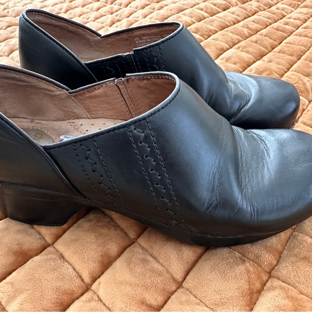 Dansko Black Leather Mules with Wedge Heel